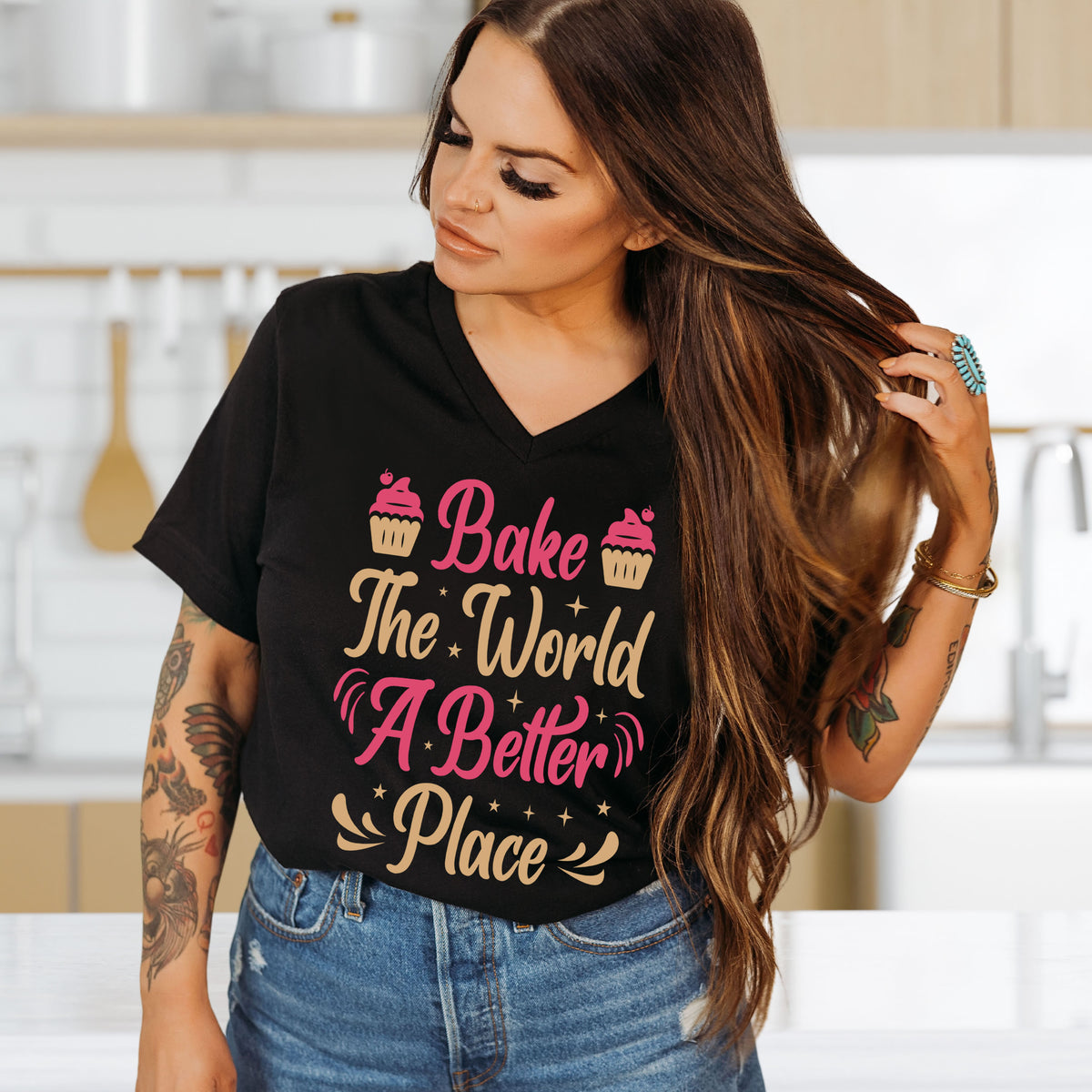 Bake the World a Better Place Baking Shirt | Black V-neck T-shirt