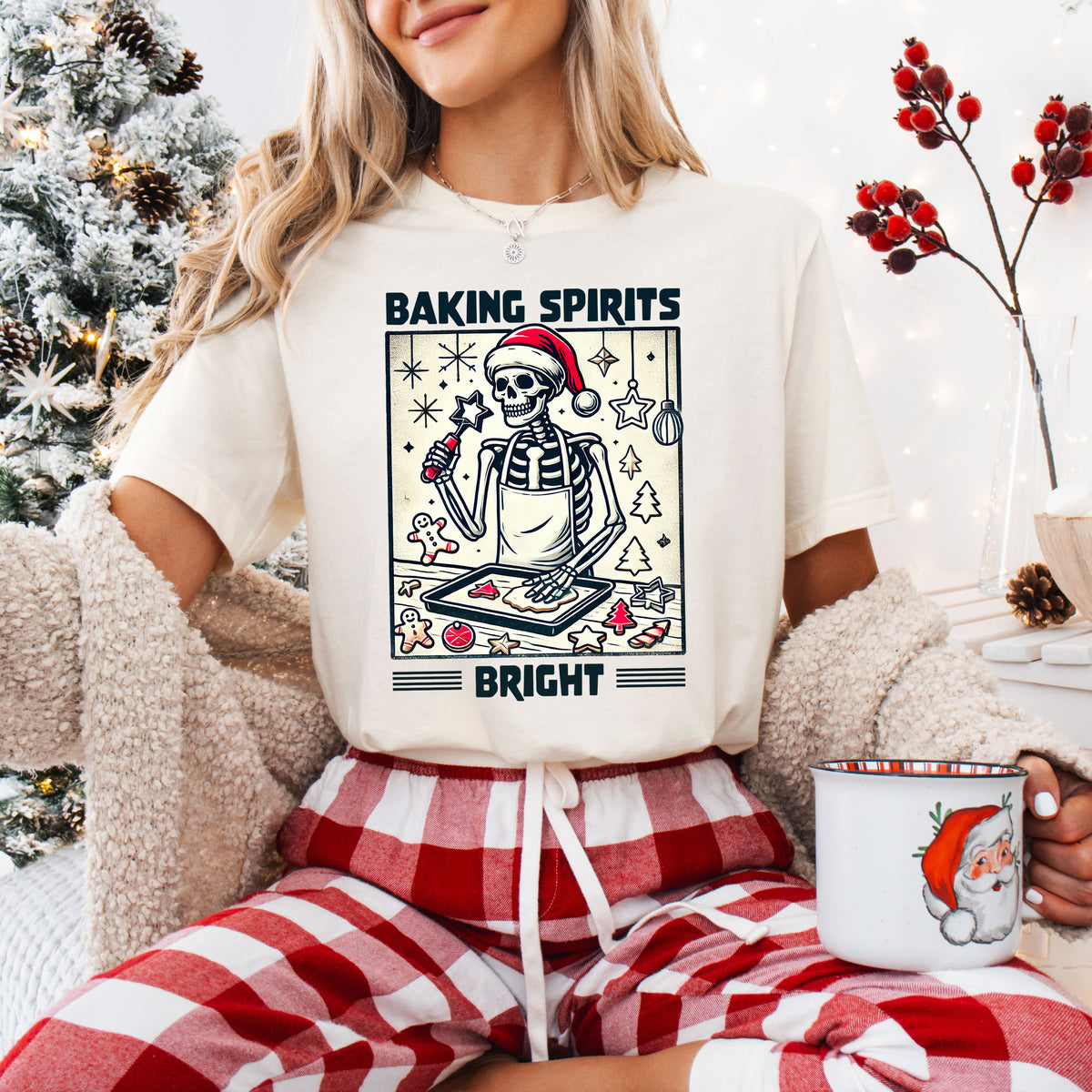 Baking Spirits Bright Christmas Skeleton Shirt | Natural Unisex Jersey T-shirt