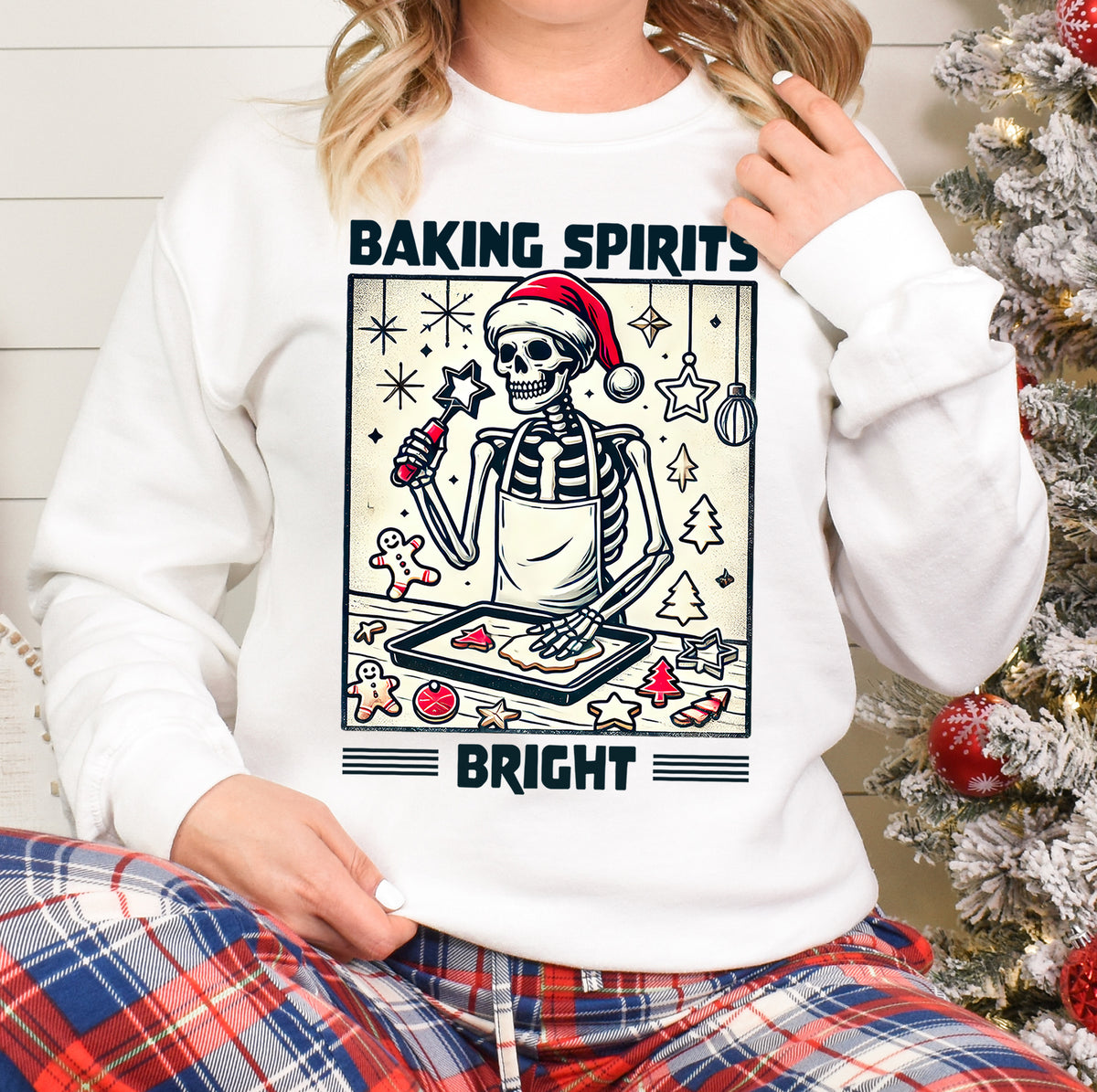 Baking Spirits Bright Christmas Skeleton Shirt | White Crewneck Sweatshirt