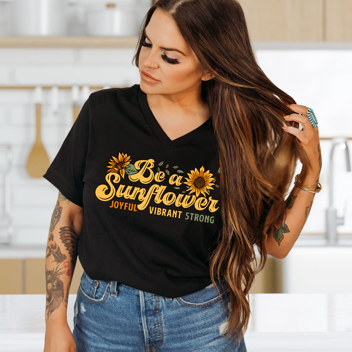 Be a Sunflower Girl Power Sunflower Shirt | Black V-neck T-shirt