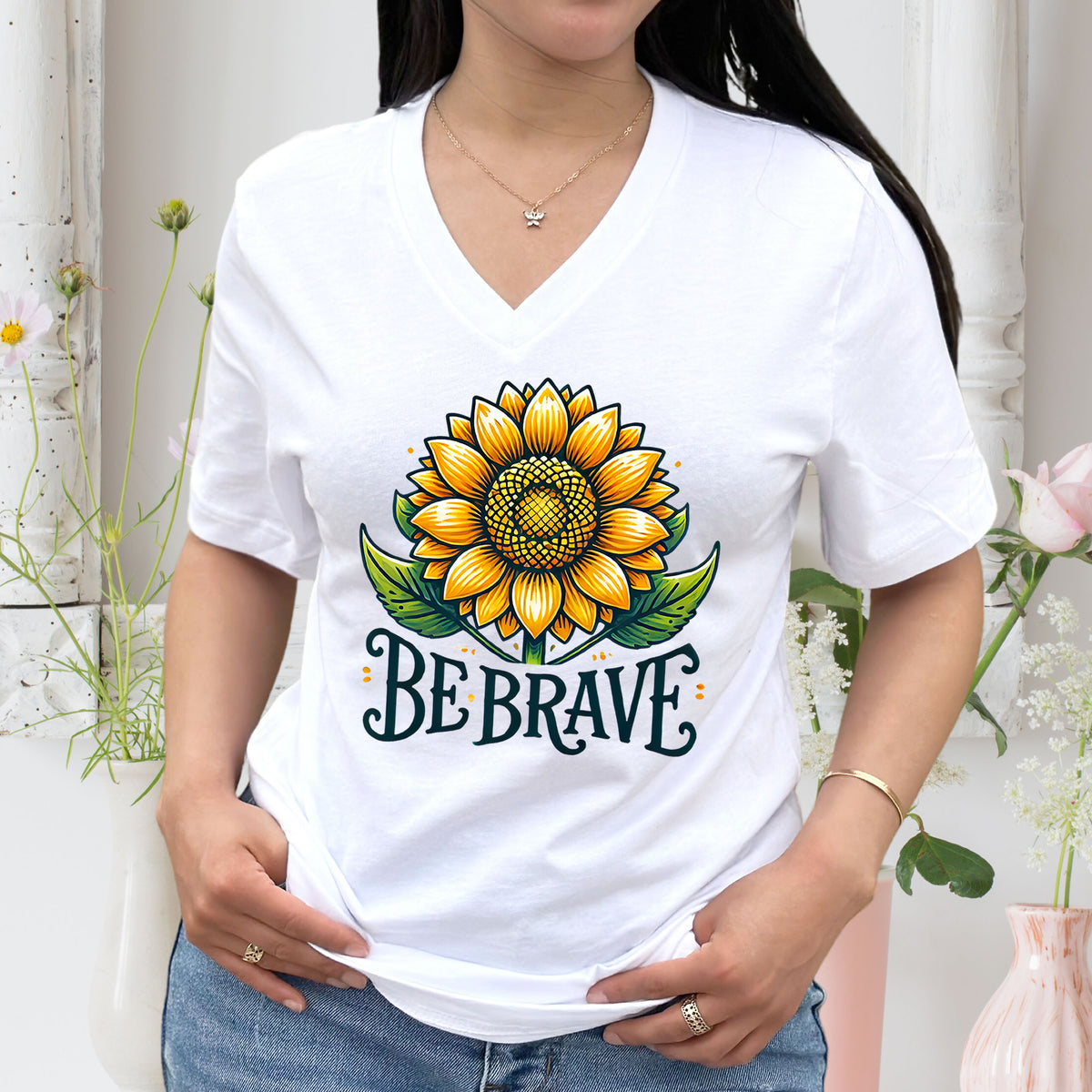 Be Brave Motivational Sunflower Shirt | White Unisex V-neck T-shirt