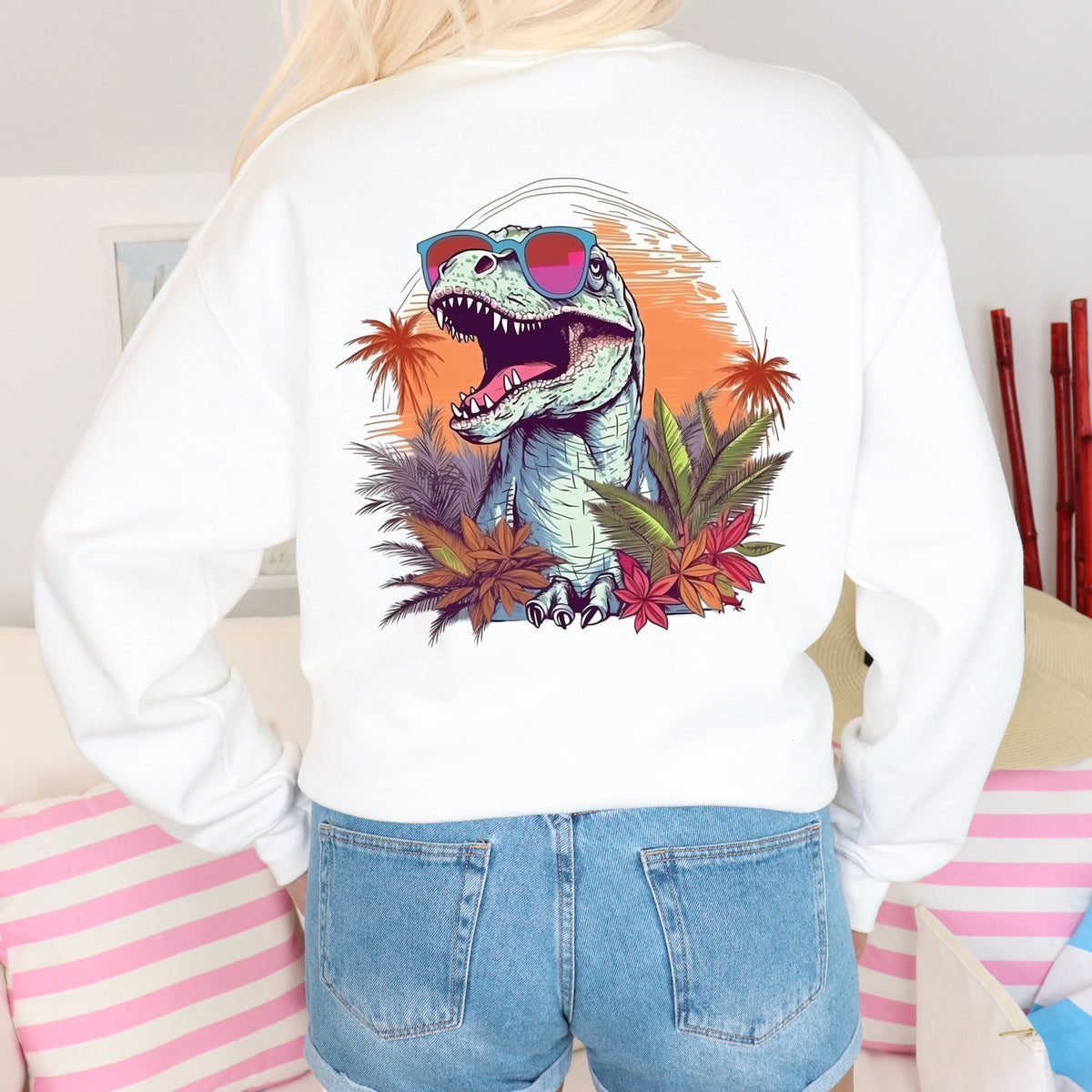 Beach Vibes T Rex Shirt | Funny Dinosaur Shirt | Front and Back Shirt | Tropical Summer Shirt | Pocket Shirt | Unisex Crewneck Sweatshirt
