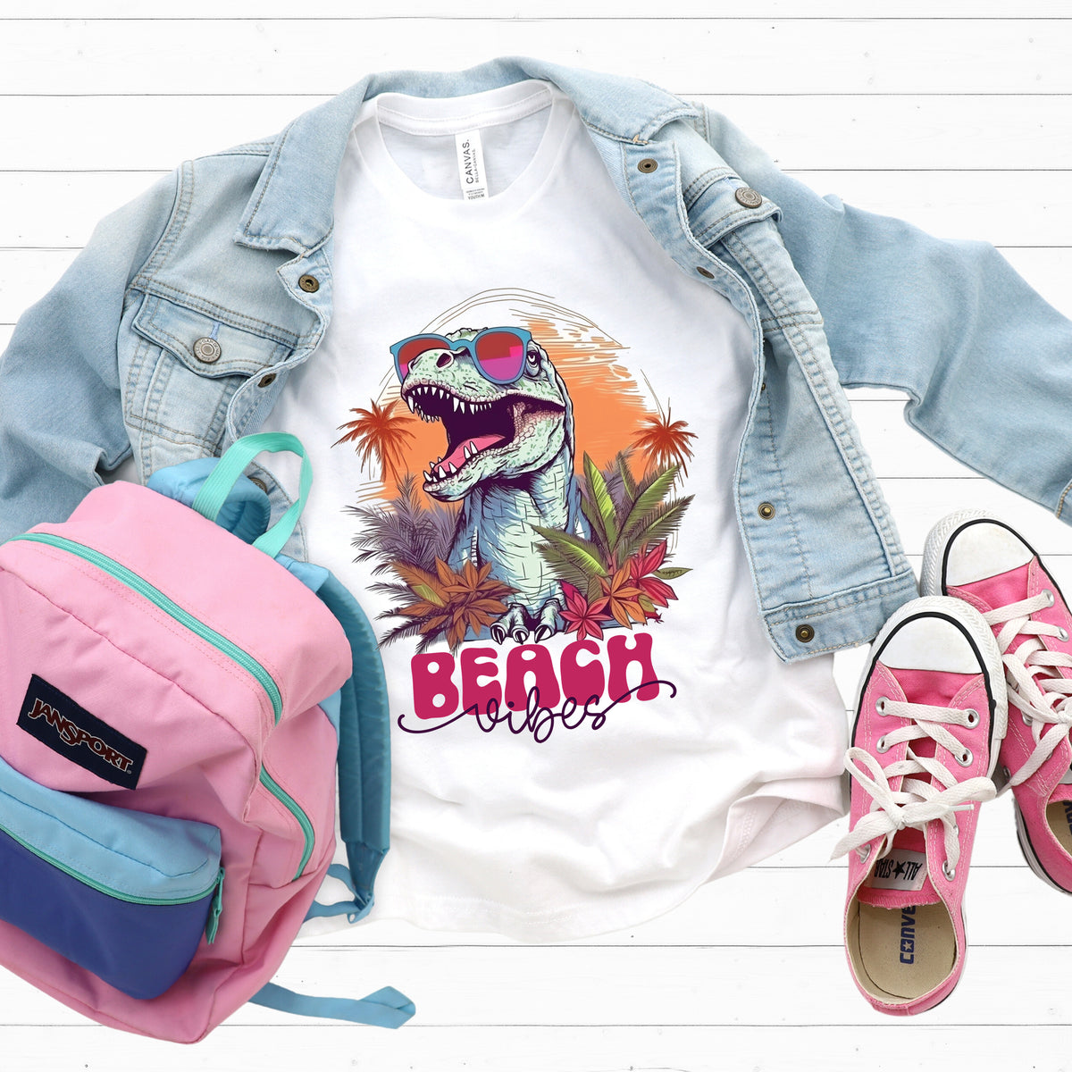Beach Vibes T Rex Shirt | Funny Dinosaur Shirt | | White Youth Tshirt