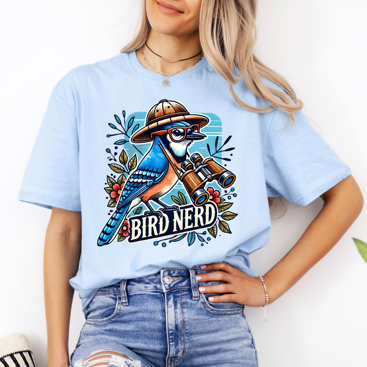 Funny Bird Nerd Blue Jay Shirt | Light Blue Unisex Jersey T-shirt
