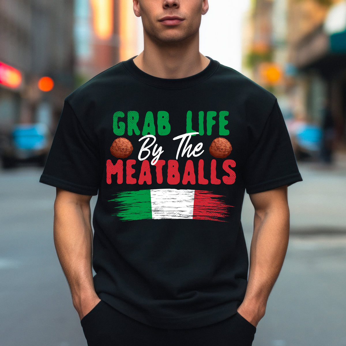 Grab Life Meatballs Funny Italian Shirt | black unisex jersey t-shirt