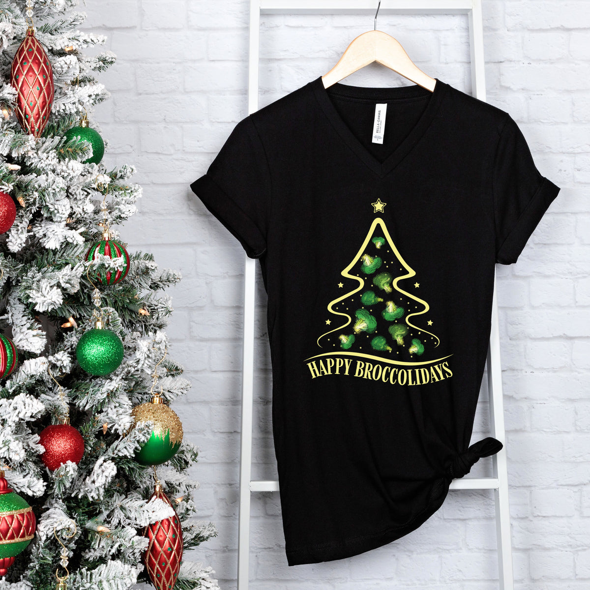 Happy Holiday Broccoli  Christmas Tree Shirt Black V-neck T-shirt