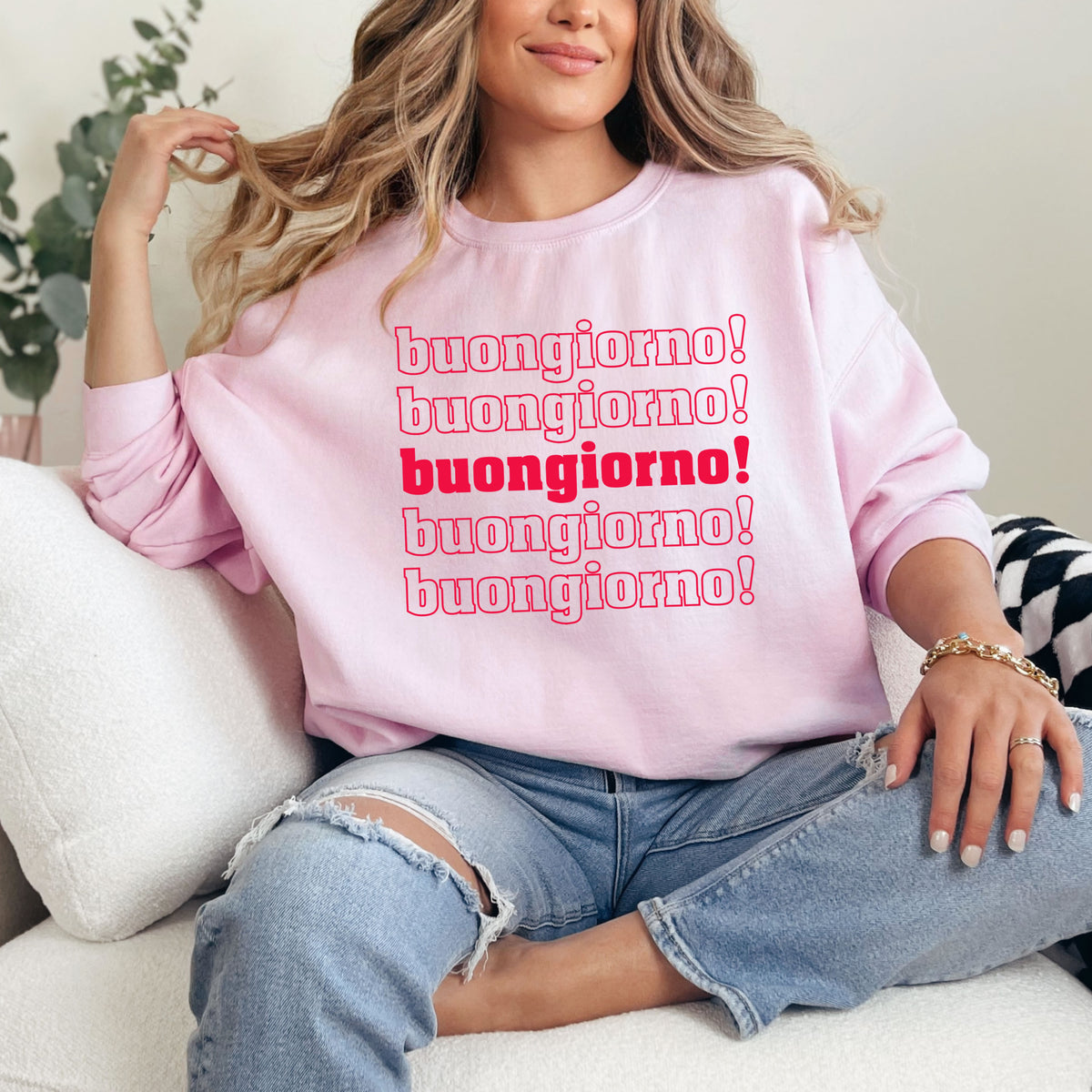 Buongiorno Good Morning Italian Phrase Shirt  | Light Pink Crewneck Sweatshirt