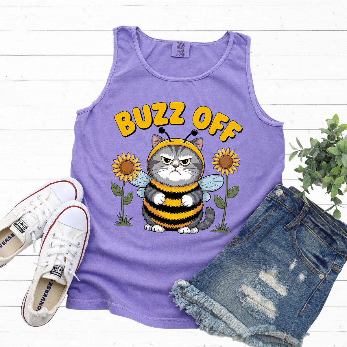 Buzz Off Funny Cat Meme Shirt | Violet Custom Comfort Tank Top