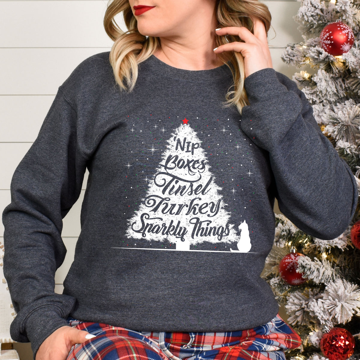 Cute Cat Christmas Tree Shirt Dark Grey Heather Sweatshirt