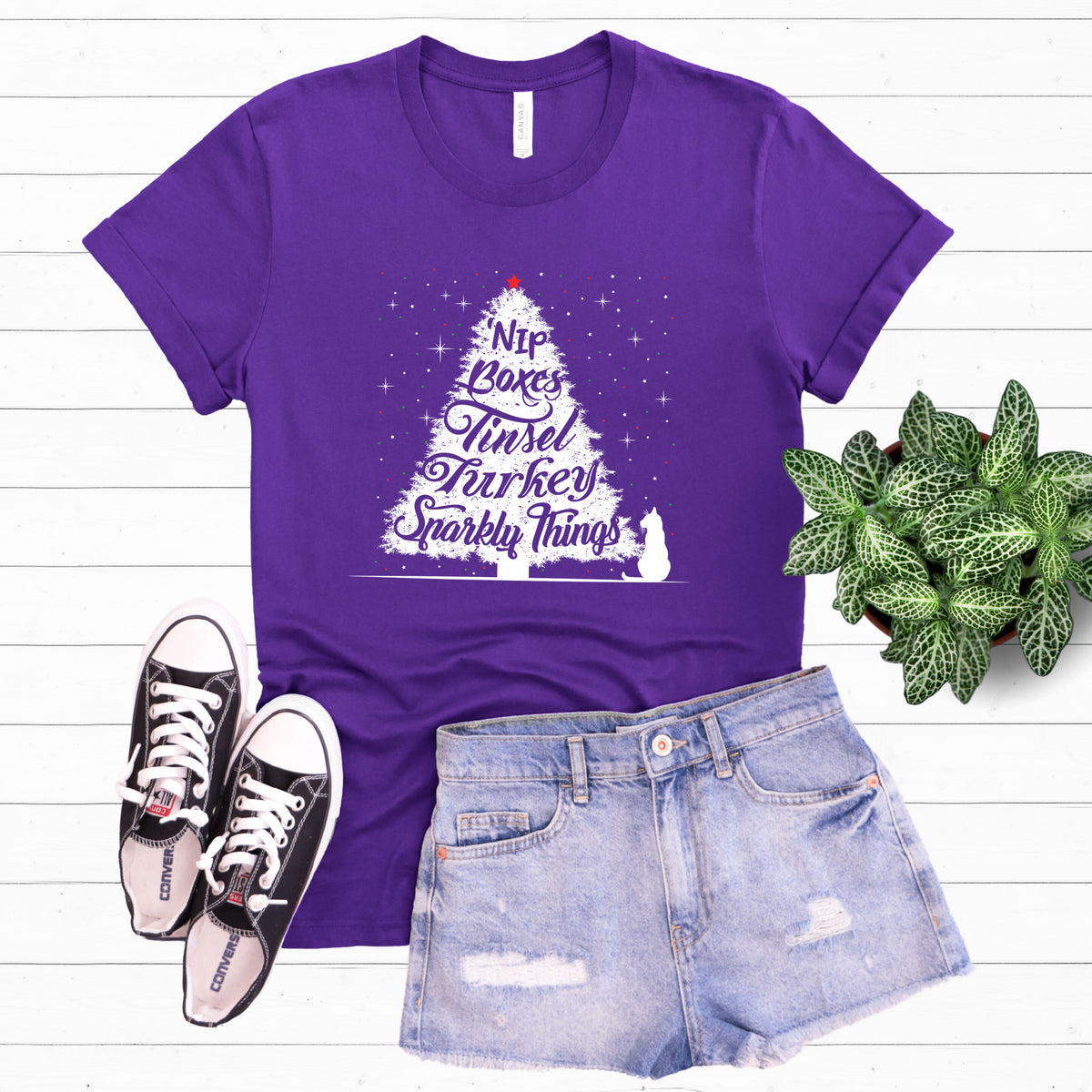 Cute Cat Christmas Tree Shirt Team Purple T-shirt