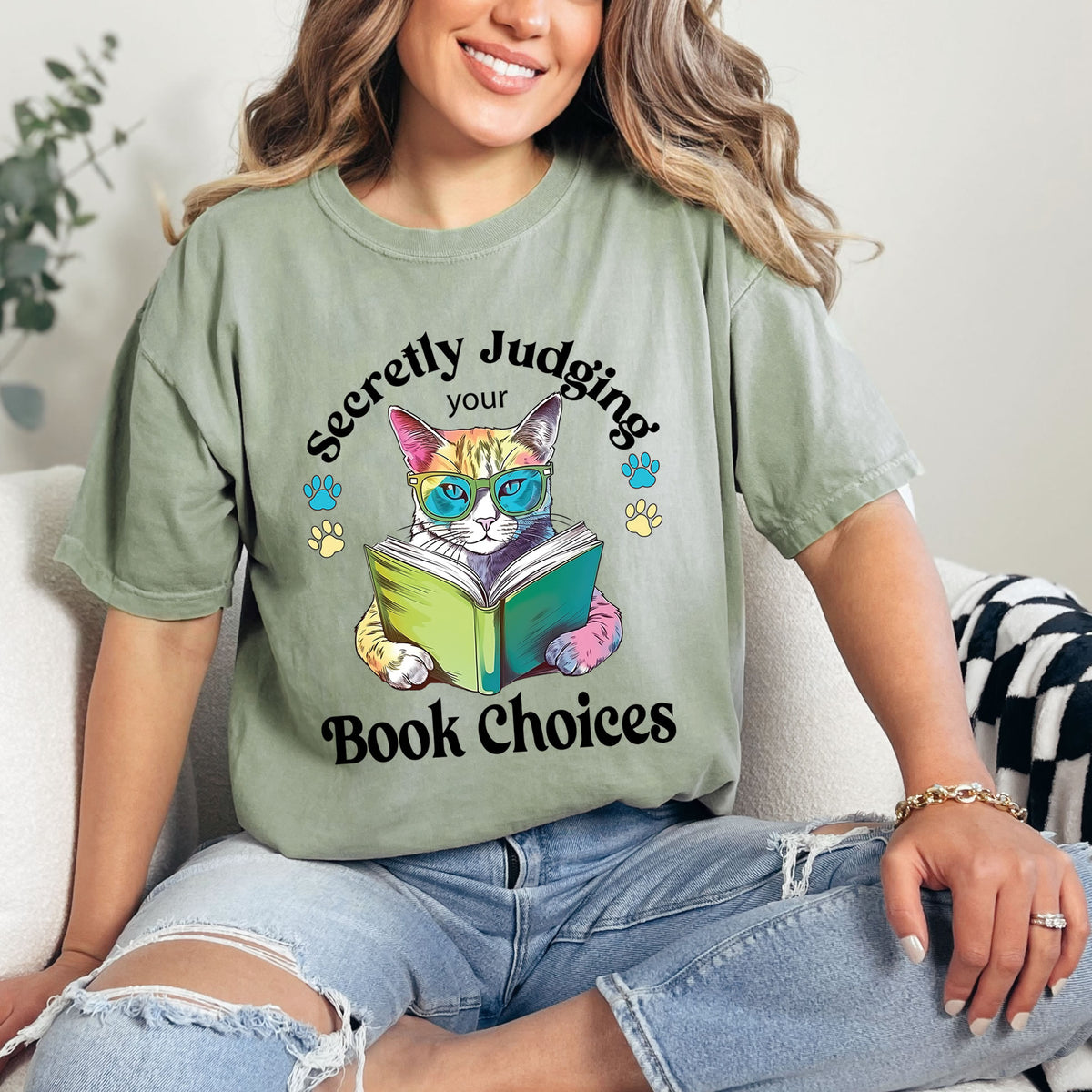 Cat judging Funny Cat Book Lover Shirt  | Bay  Green Comfort Colors t-shirt