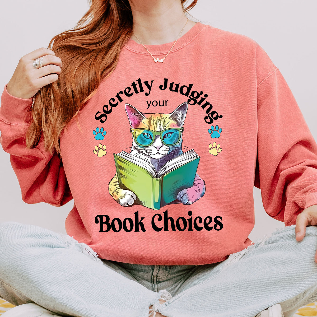 Cat judging Funny Cat Book Lover Shirt  | Terracotta Crewneck Sweatshirt