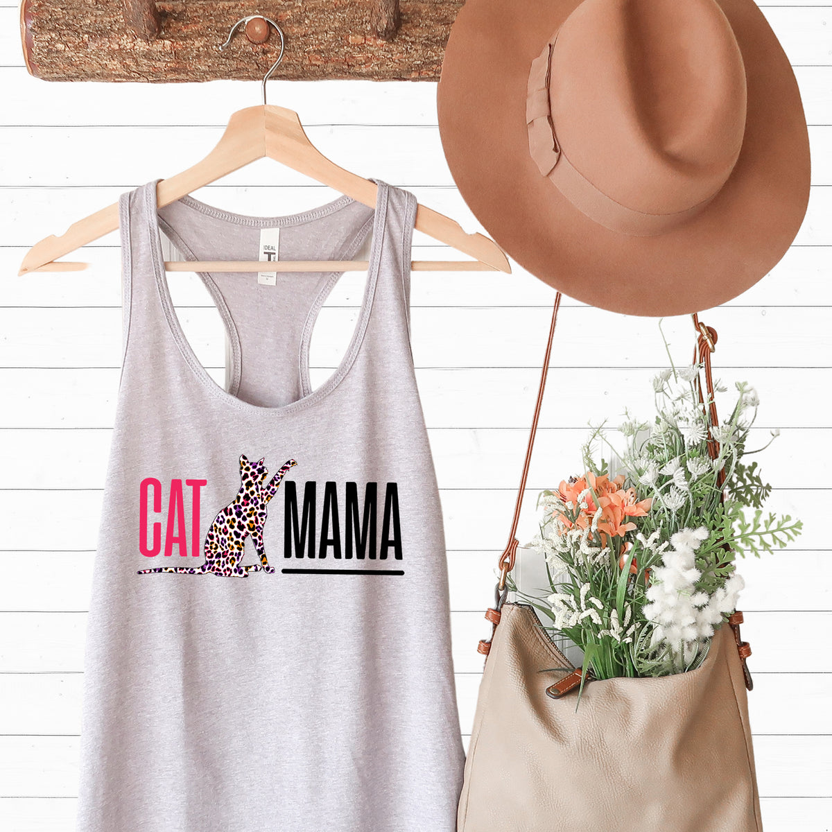 Cat Mama Leopard Print Mom Gift shirt | Athletic Heather Racerback Tank Top