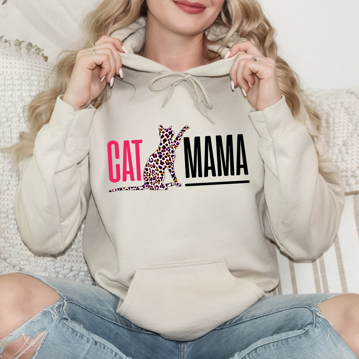 Cat Mama Leopard Print Mother's Day Shirt  | Sand Hoodie