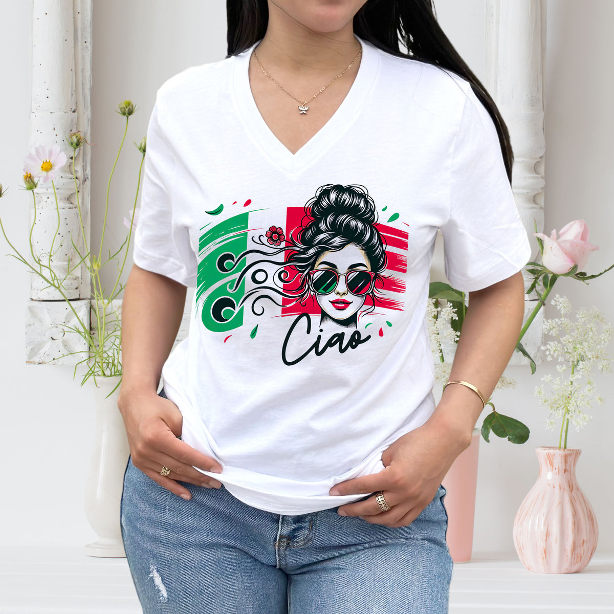 Ciao Italian Girl Cute Italy Trip shirt  | White V-neck T-shirt