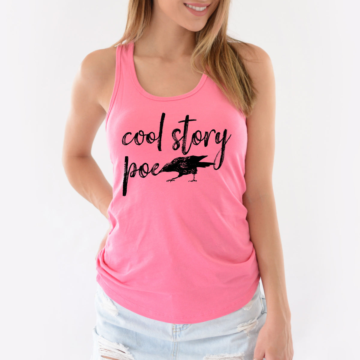 Cool Story Edgar Allan Poe Book Worm Shirt | Women's pink racerback tank top