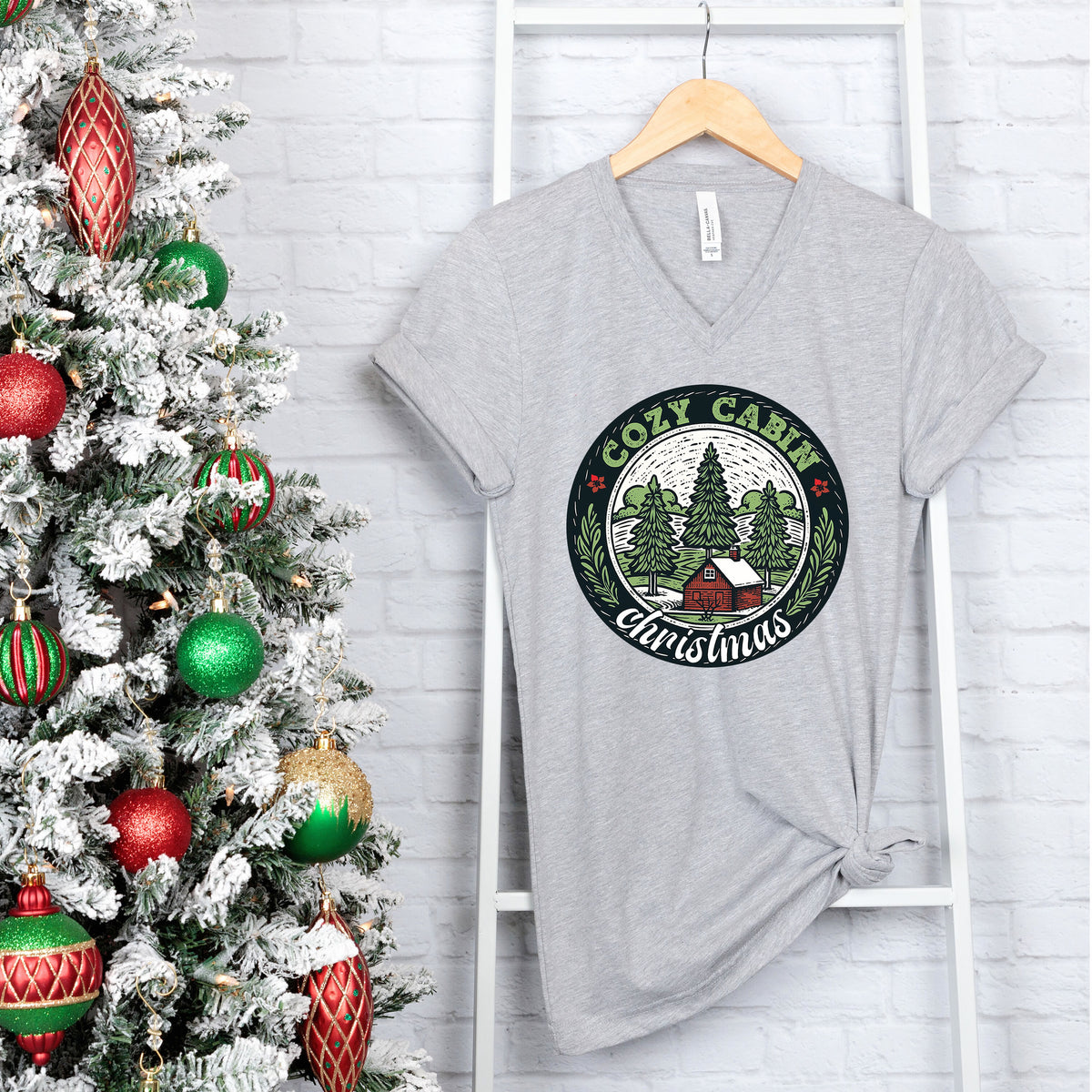 Cozy Cabin Christmas Tree Shirt | Athletic Heather Unisex V-neck T-shirt