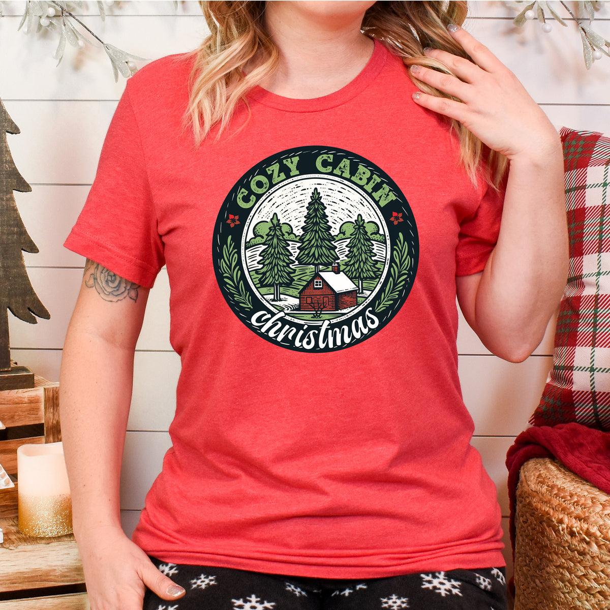 Cozy Cabin Christmas Tree Shirt  | Heather Red T-shirt