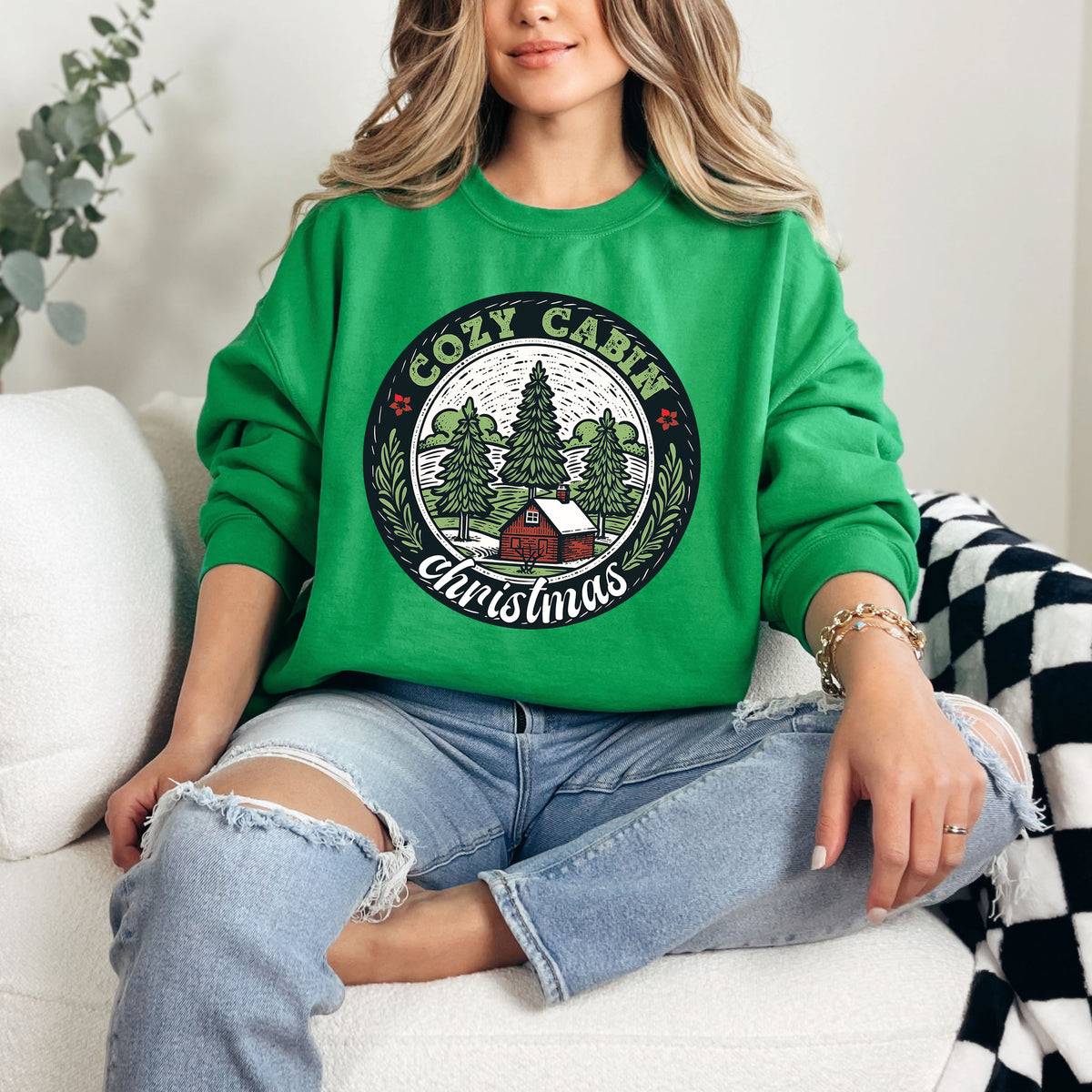 Cozy Cabin Christmas Tree Shirt  | Irish Green Crewneck Sweatshirt