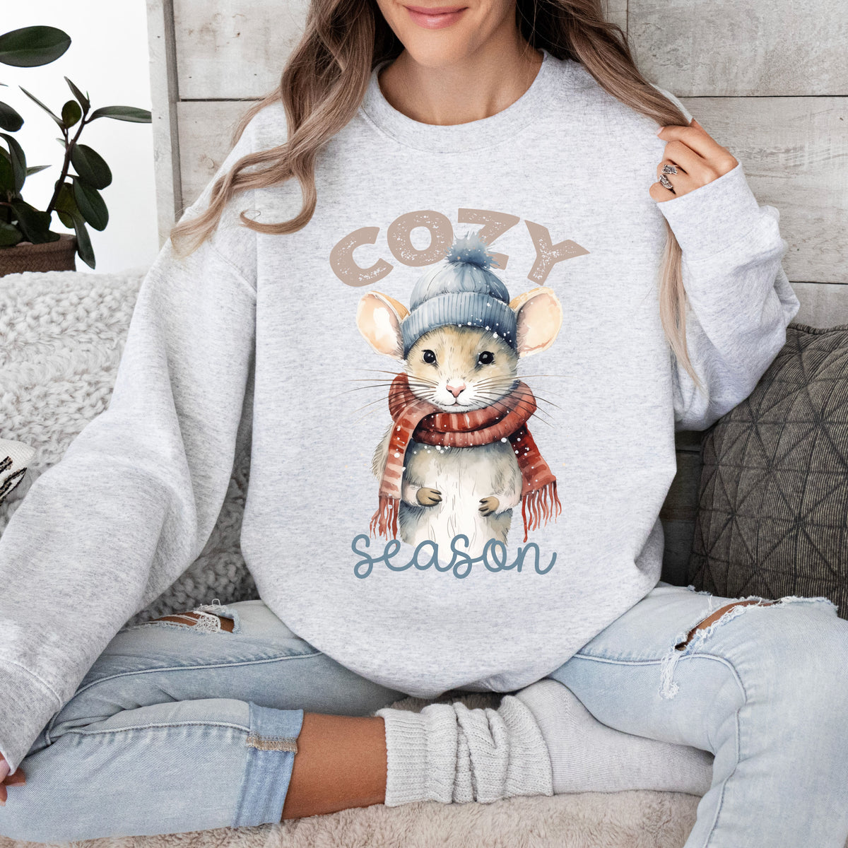 Cozy Season Cute Mouse Shirt | Ash Unisex Crewneck Sweatshirt