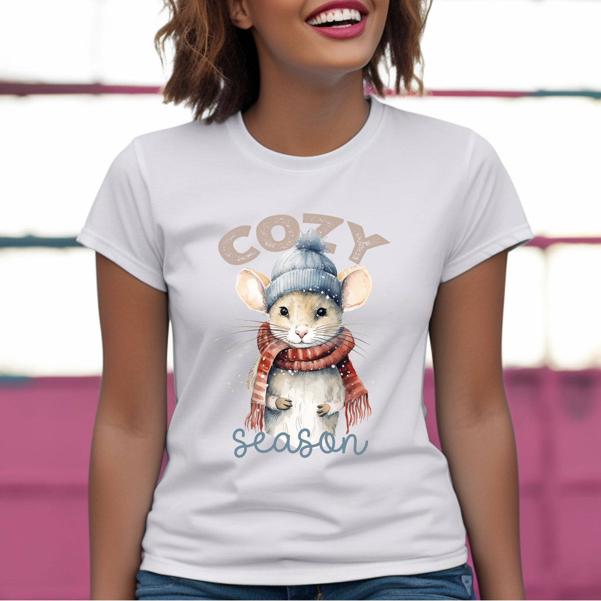 Cozy Season Cute Mouse Shirt | Women's White Slim Fit Tshirt