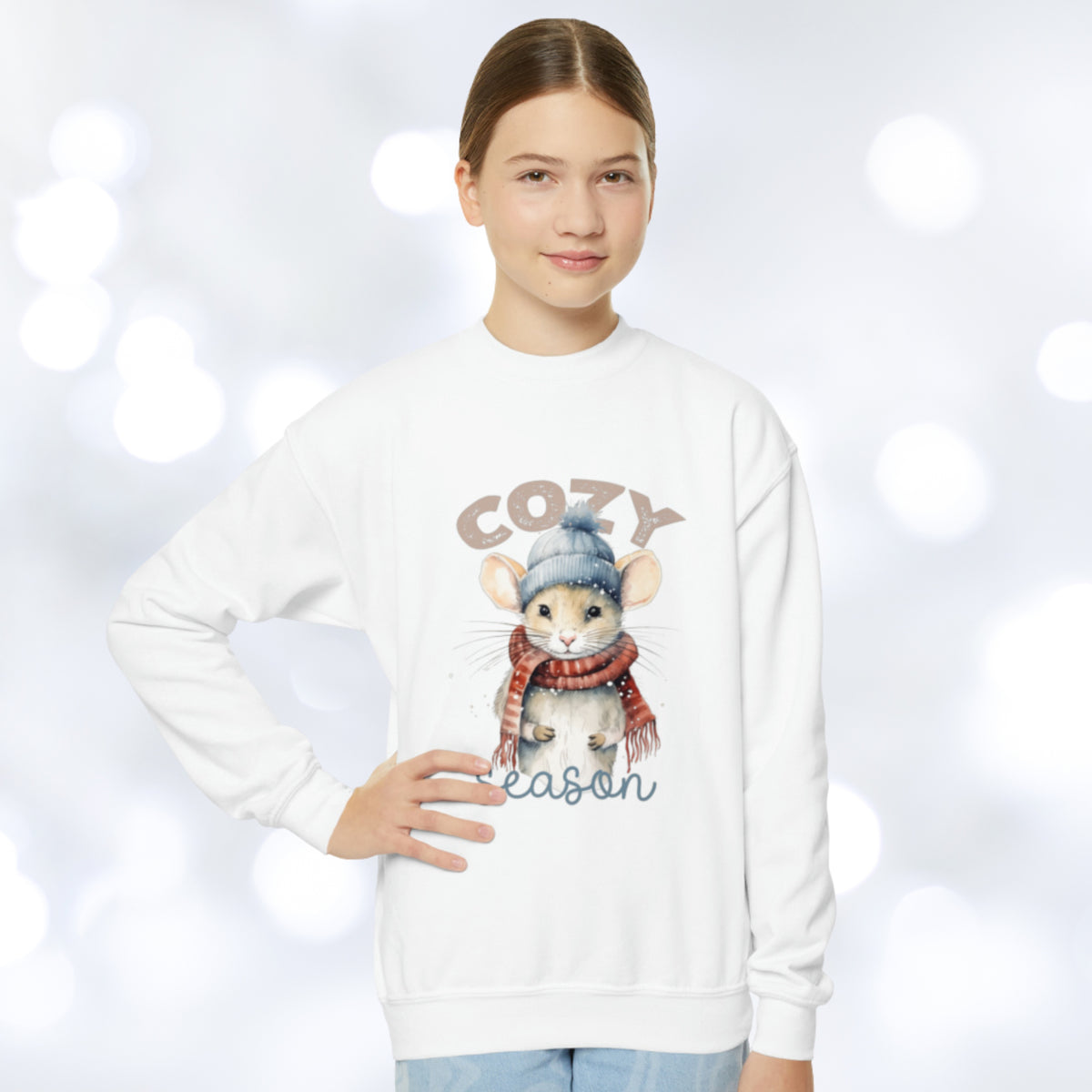 Cozy Season Cute Mouse Shirt  | White Youth Sweatshirt