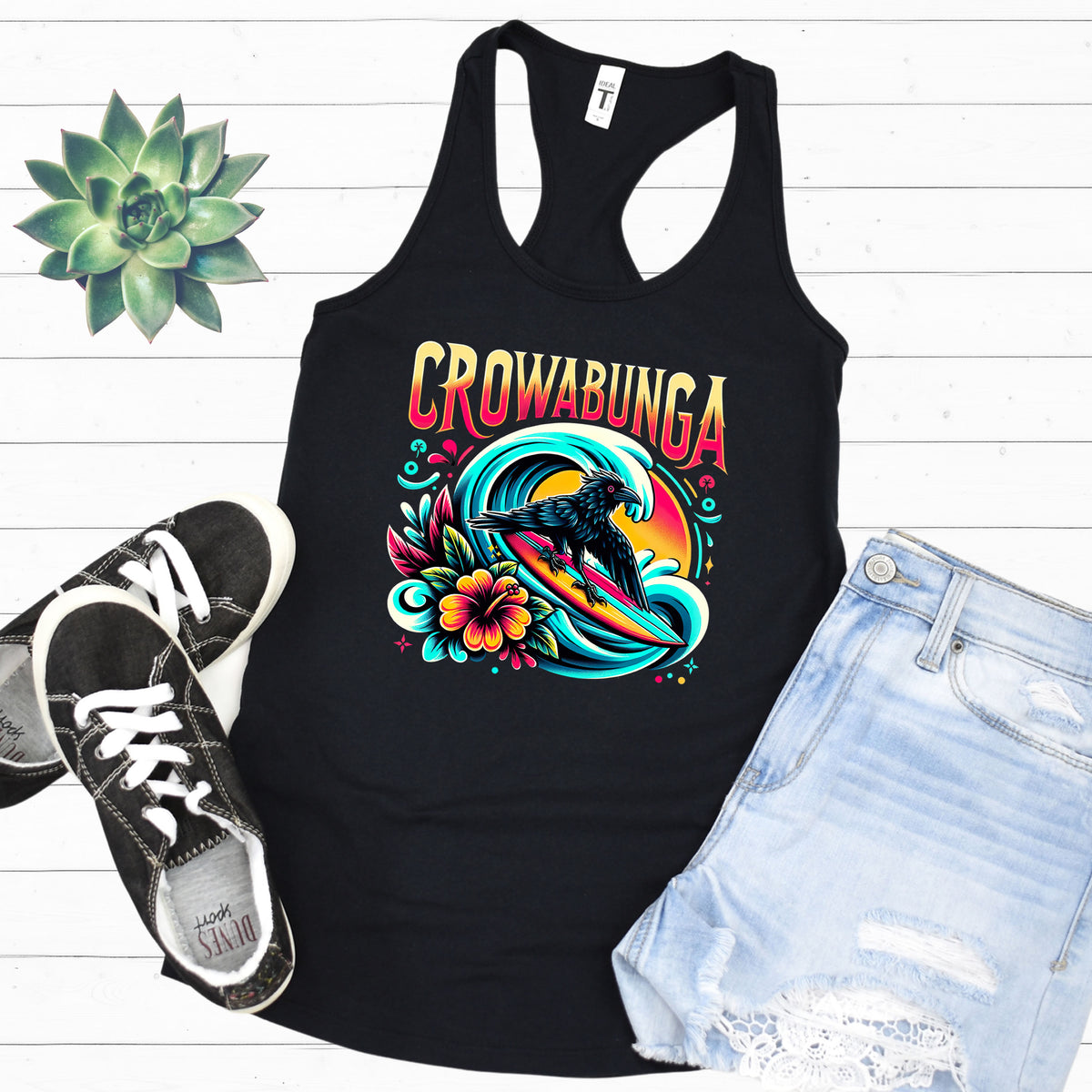 Crowabunga Funny Surfing Crow Shirt | Black Racerback Tank Top