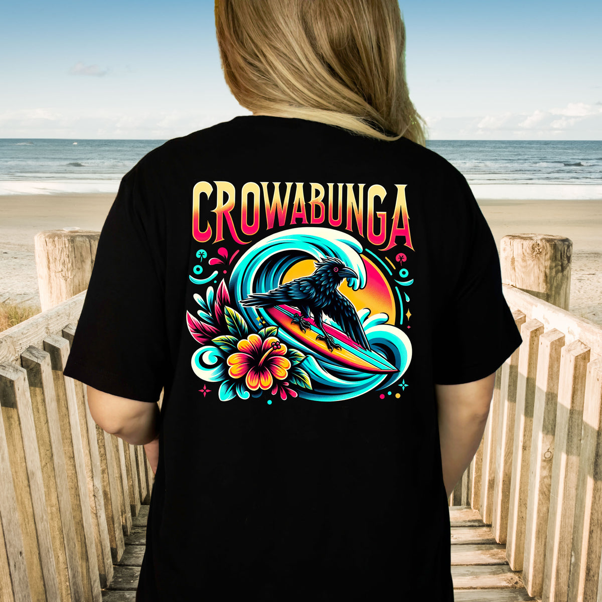 Crowabunga Funny Surfing Crow Shirt | Black Unisex Jersey T-shirt