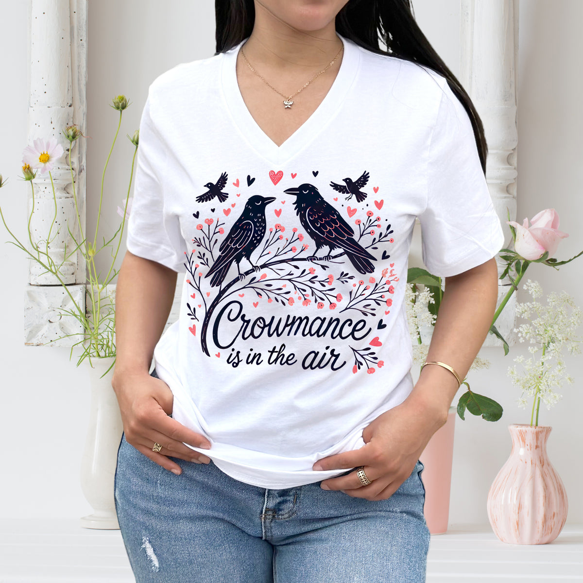 Crowmance Crow Valentine Shirt | White V-neck T-shirt