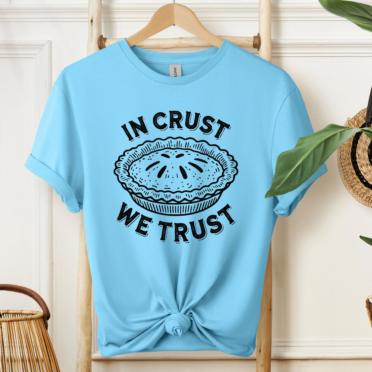 In Crust We Trust Funny Baking Shirt  | Sky Blue Unisex Jersey T-shirt