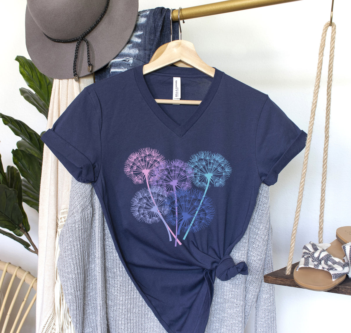 Dandelion Seeds Garden Aesthetic Shirt | Navy Blue V-neck T-shirt