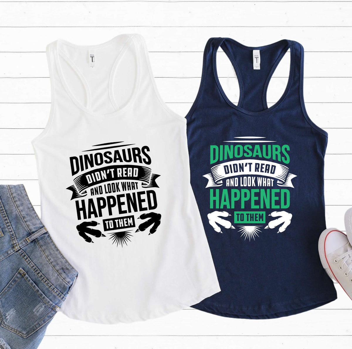Dinosaur Didn't Read Book Worm Reading Shirt | Library Gift | Women's Slim-fit Racerback Tank Top