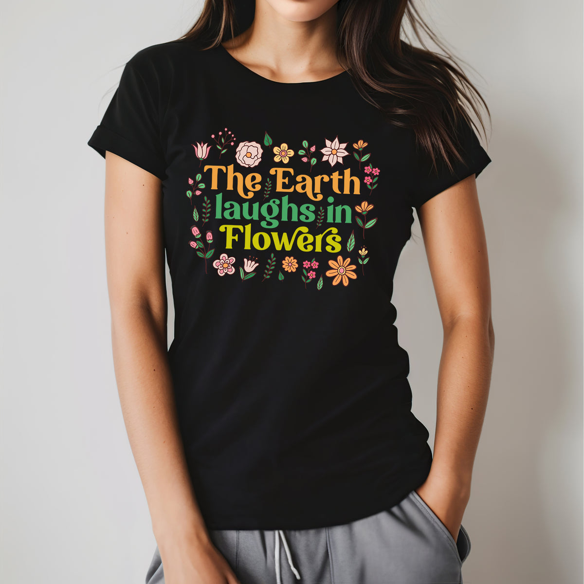 Earth Laughs Earth Day Flower Boho Shirt  | Women's Black Slim-fit Tshirt