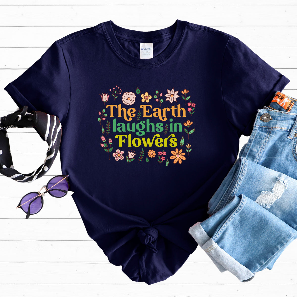 Earth Laughs Earth Day Flower Boho Shirt | Navy Blue Unisex T-shirt