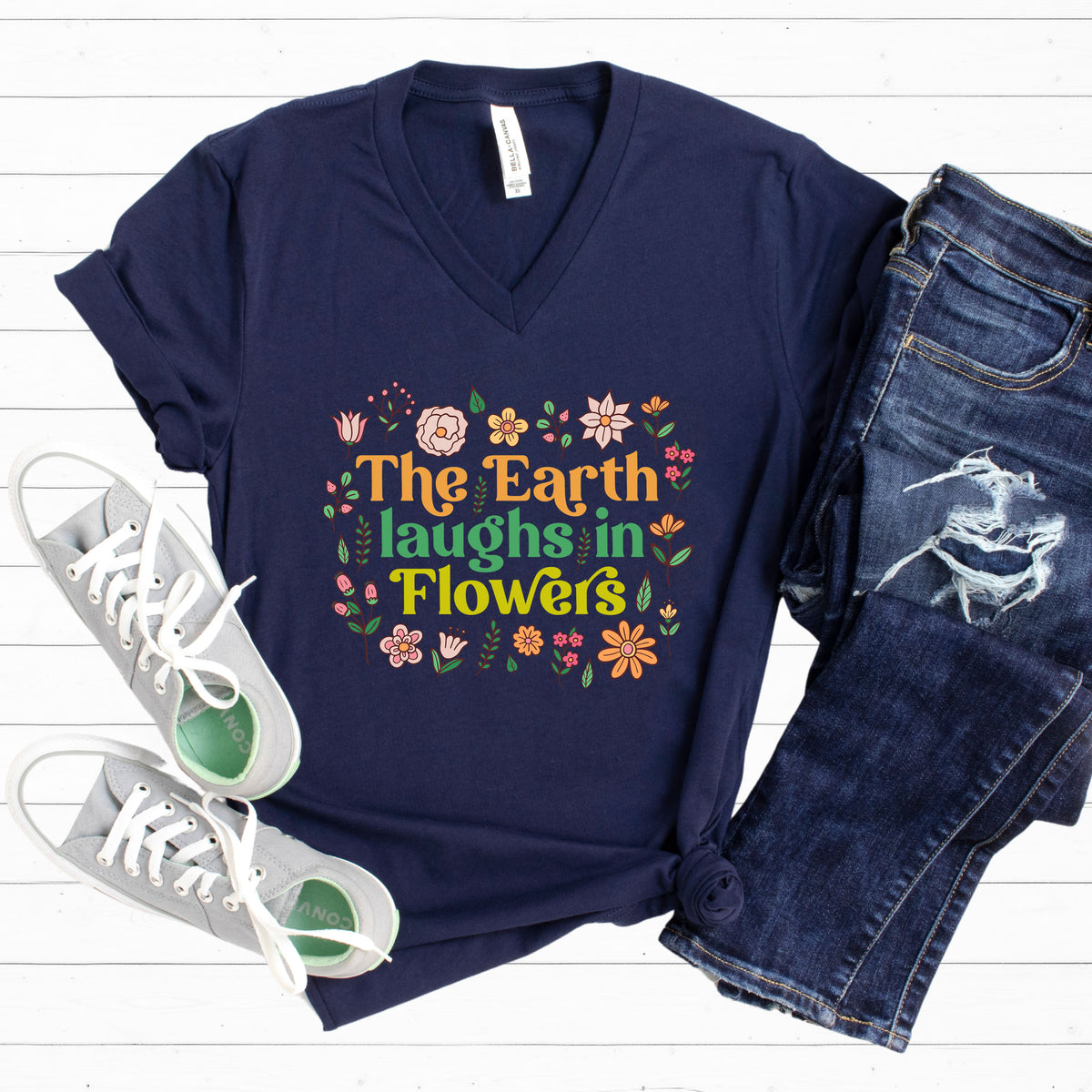 The Earth Laughs in Flowers Earth Day Shirt | Navy Blue V-neck T-shirt