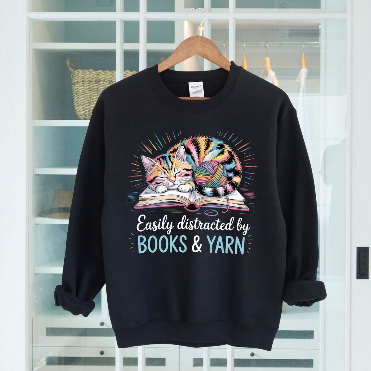 Easily Distracted by Books & Yarn Cat Shirt | Black Crewneck Sweatshirt