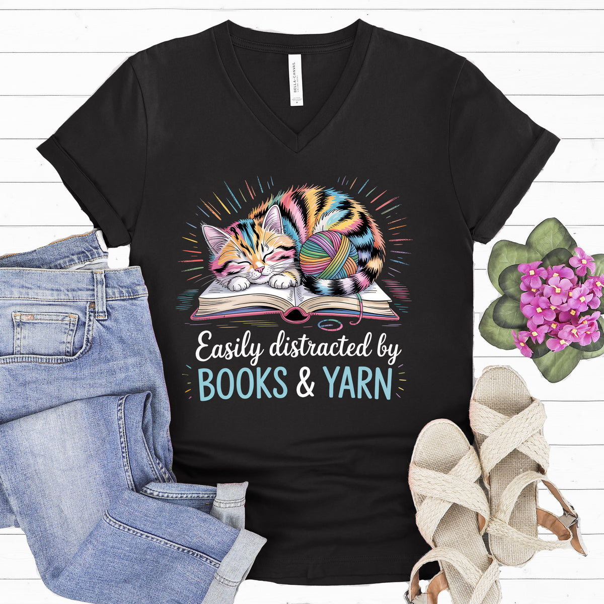 Easily Distracted by Books & Yarn Cat Shirt | Back V-neck Tshirt