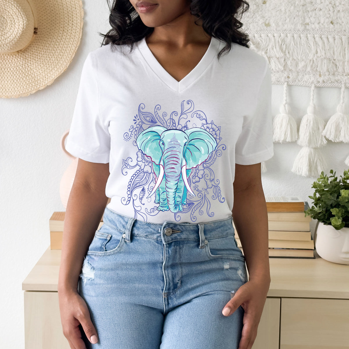 Indian Mandala Watercolor Art Elephant Shirt  | White Unisex V-neck T-shirt