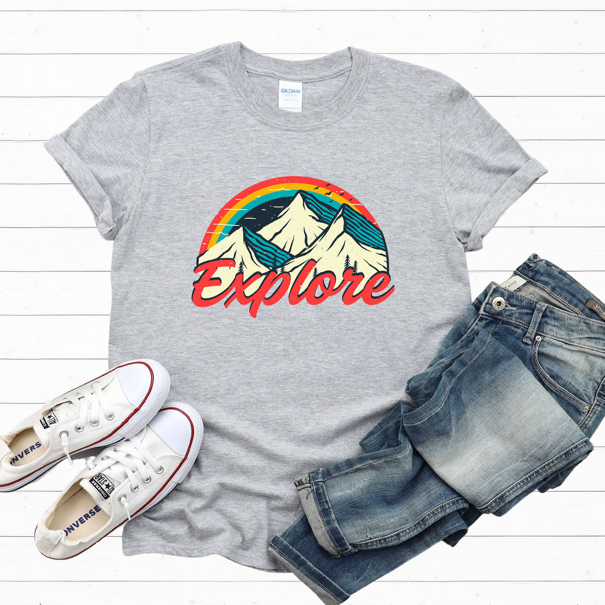 Explore Retro 70s Vintage Hiking Shirt  | Sport Grey Tshirt
