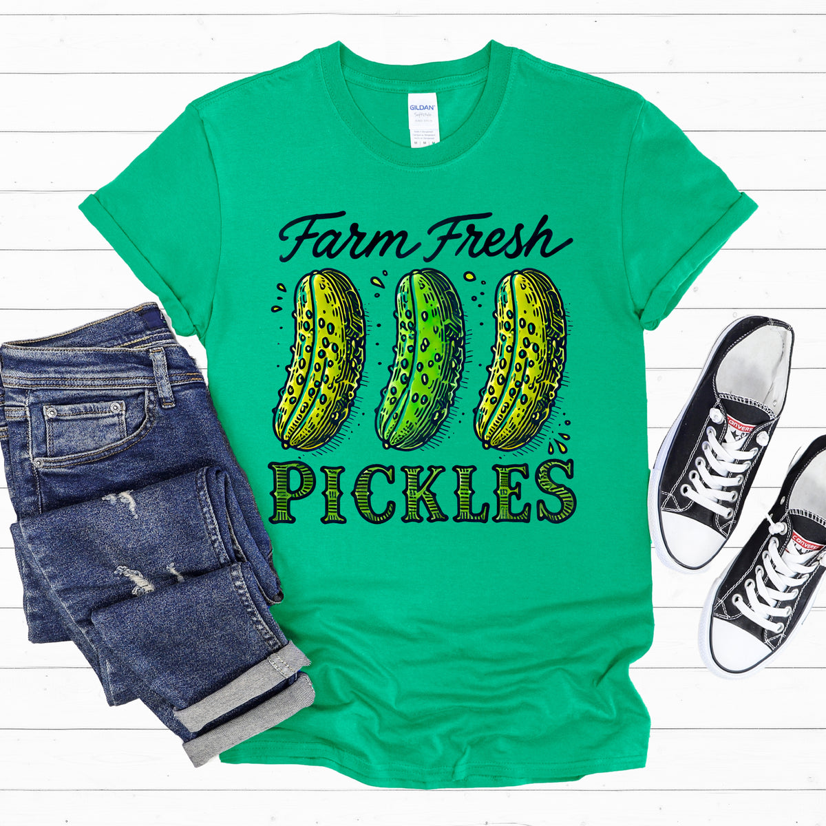 Farm Fresh Pickles Funny Pickle Shirt  | Irish Green Unisex Soft Style Tshirt