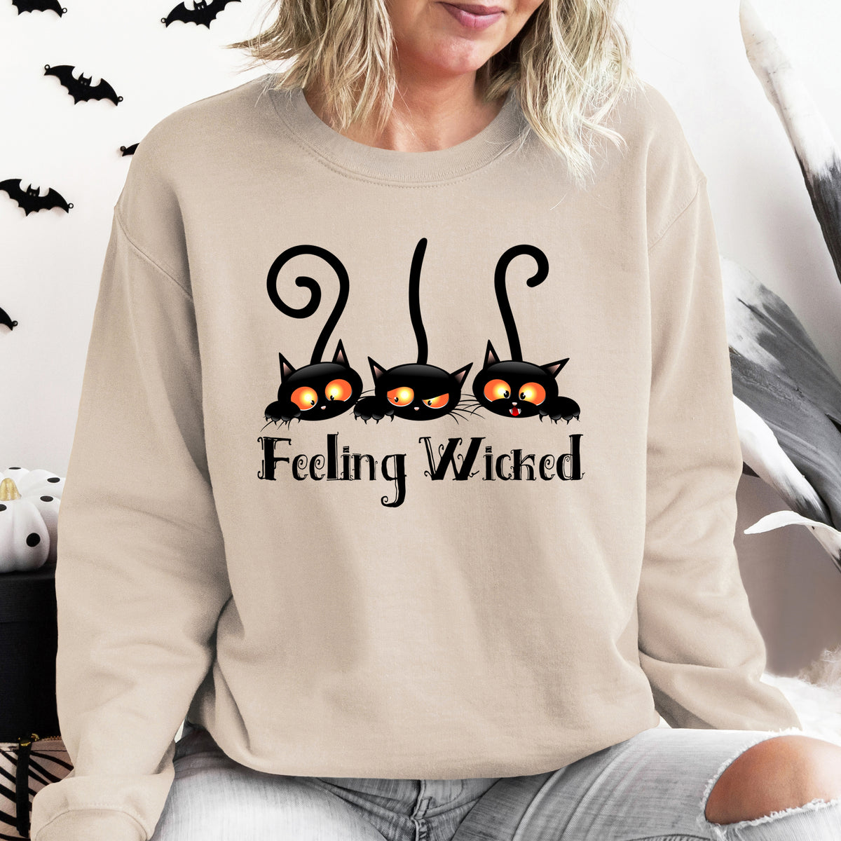 Feeling Wicked Black Cat Halloween Shirt | Sand Sweatshirt