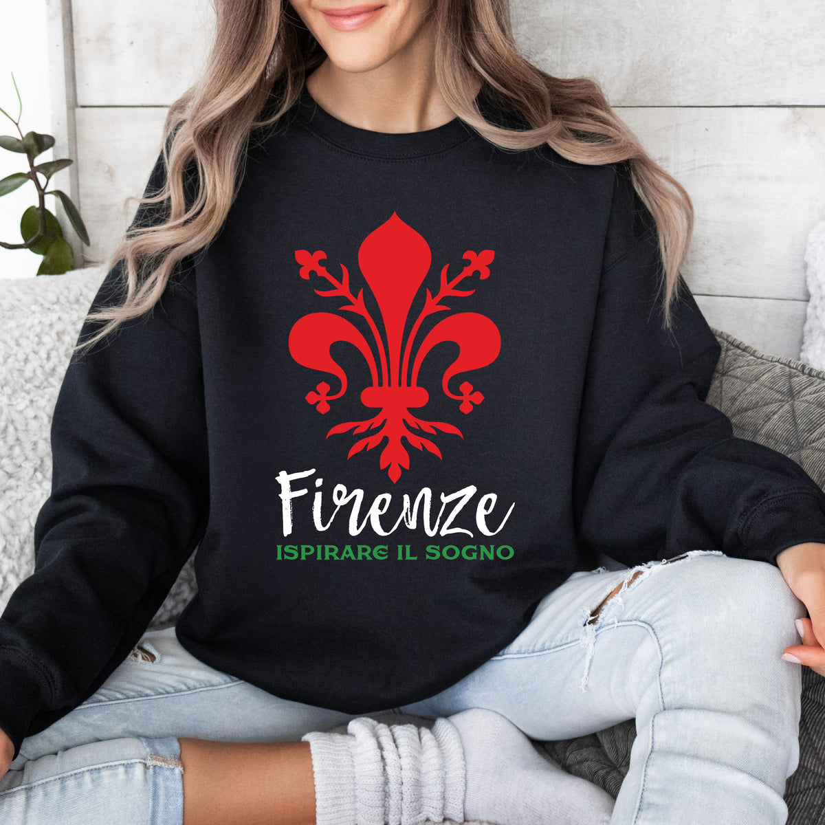 Florence Italy Fleur de Lis Sweatshirt  | Black Unisex Crewneck Sweatshirt