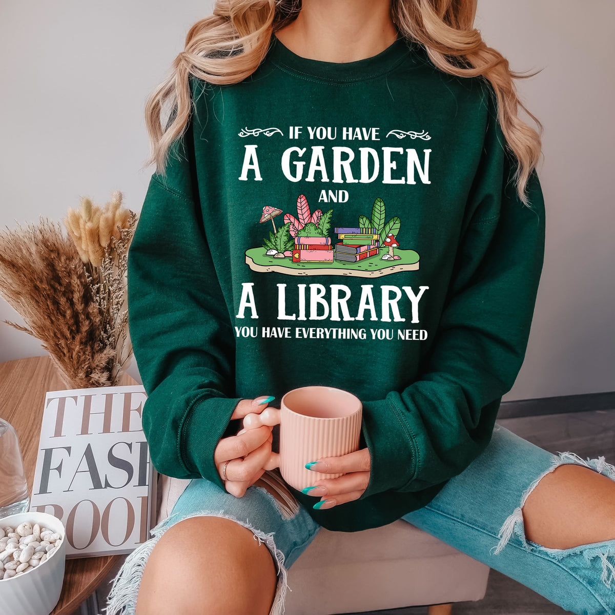 Garden & Library Bookworm Book Shirt | Forest Green Crewneck Sweatshirt
