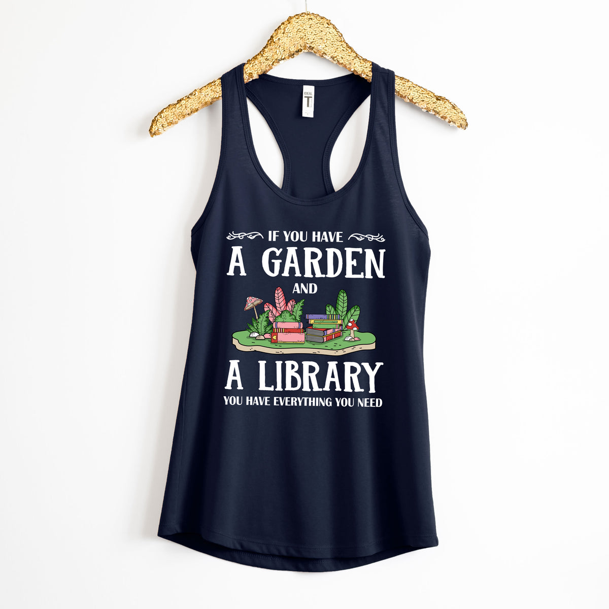 Garden & Library Bookworm Book Shirt | Navy Blue Racerback Tank Top
