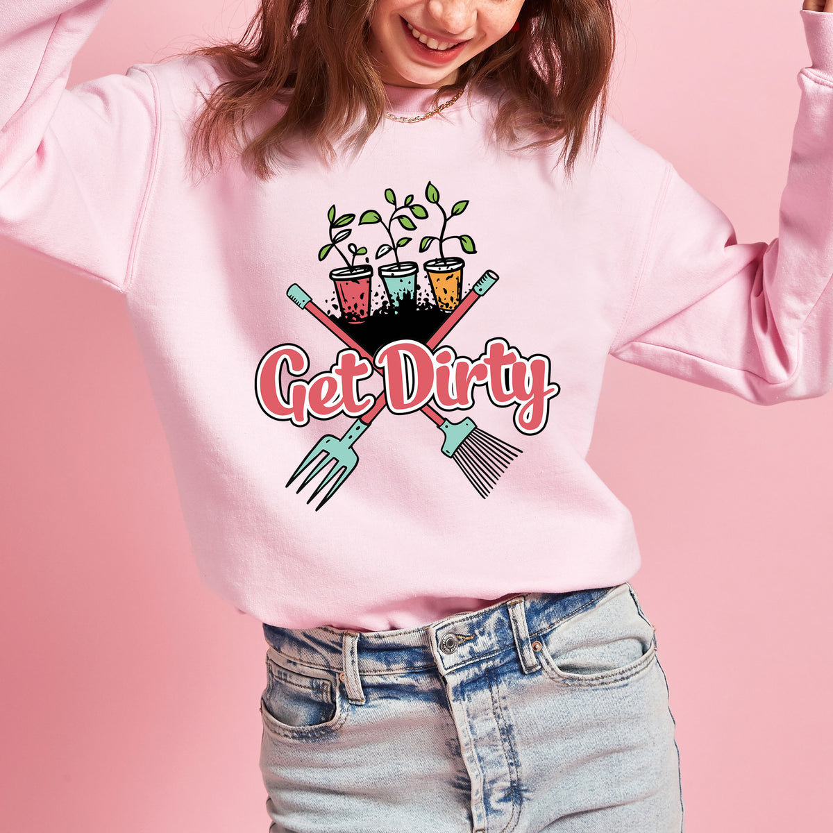 Get Dirty Plant Lady Funny Gardening Shirt | Light Pink Crewneck Sweatshirt