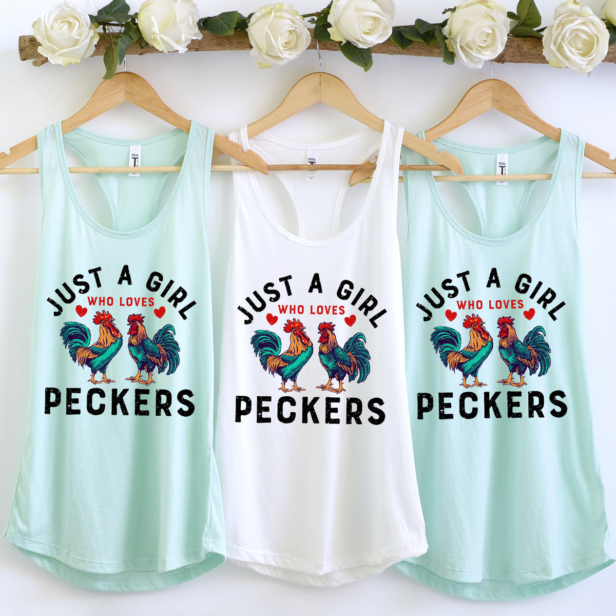 Girl Who Loves Peckers Chicken Farm T-shirt | White & Mint Racerback Tank Top