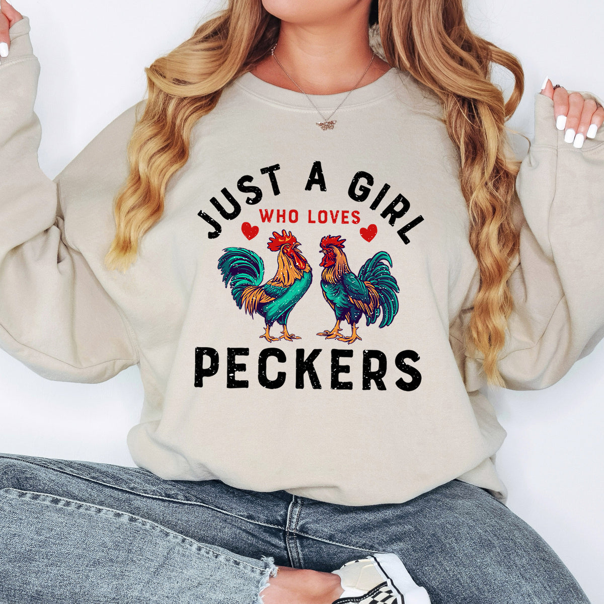 Girl Who Loves Peckers Chicken Farm T-shirt | Sand Unisex Crewneck Sweatshirt