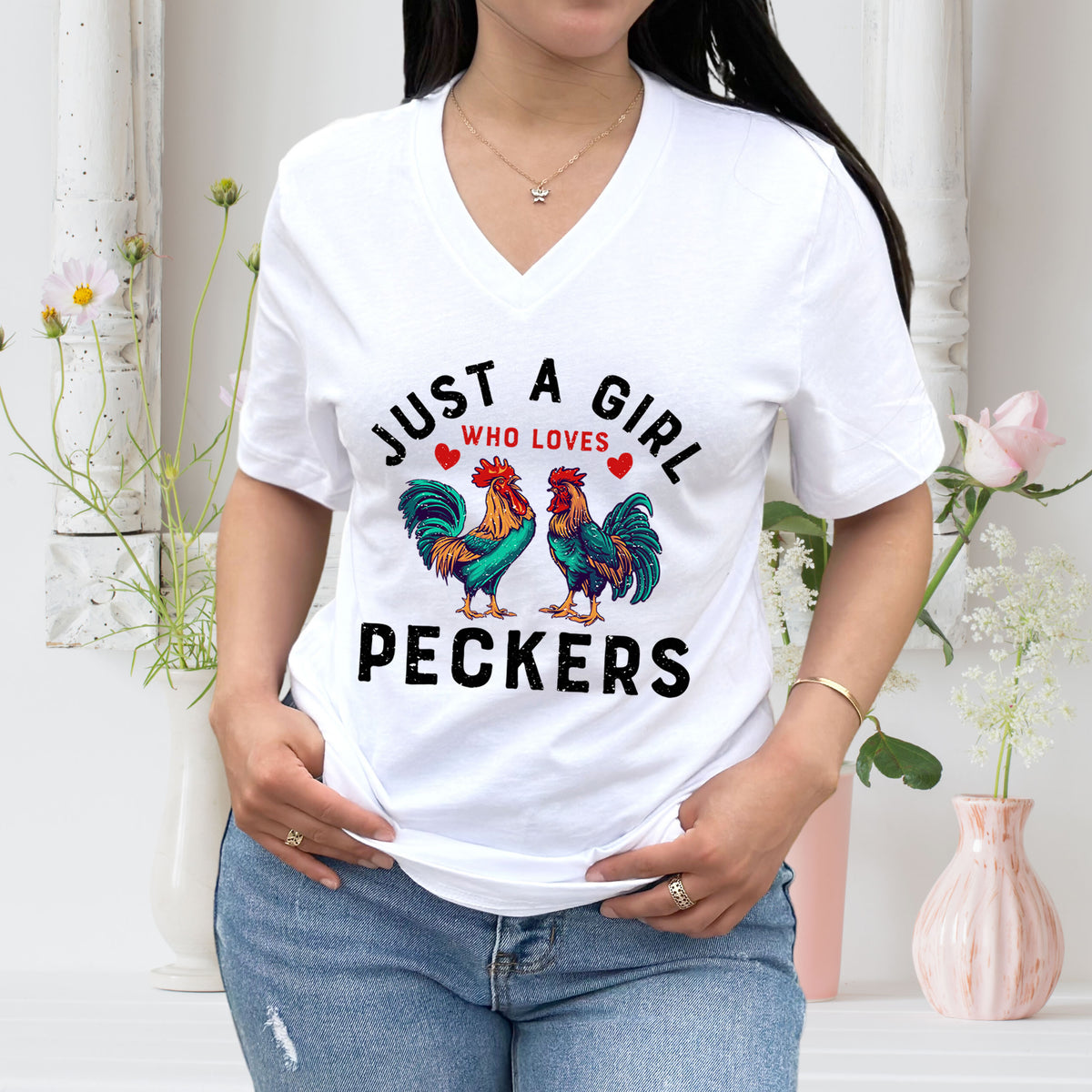 Girl Who Loves Peckers Chicken Farm T-shirt | White Unisex V-neck T-shirt