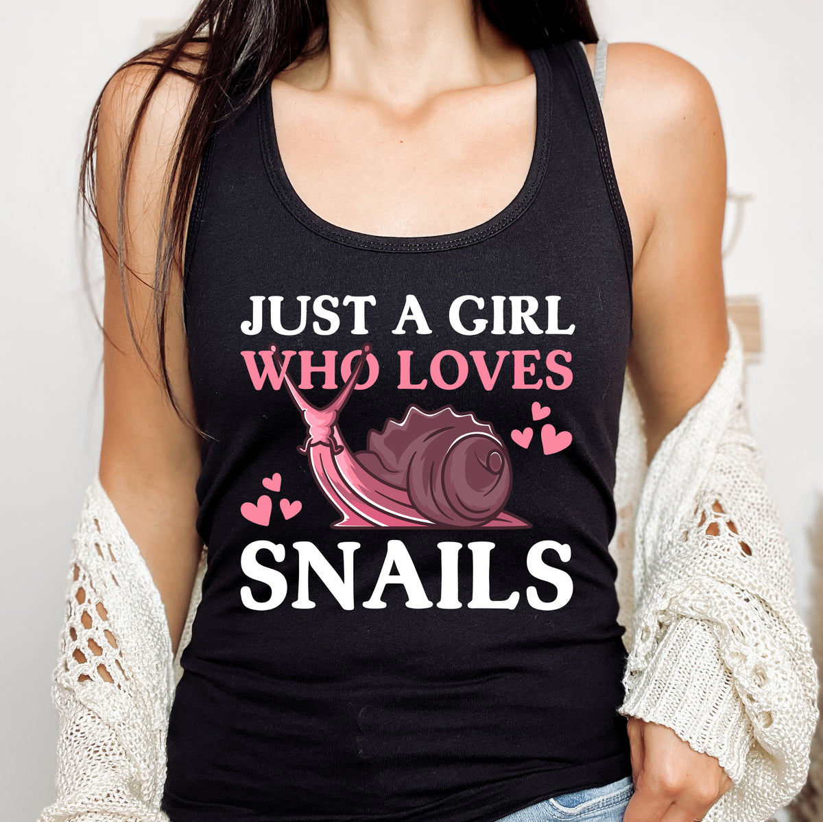 Just a Girl Who Loves Snails Fun Snail Shirt || Black racerback Tank top