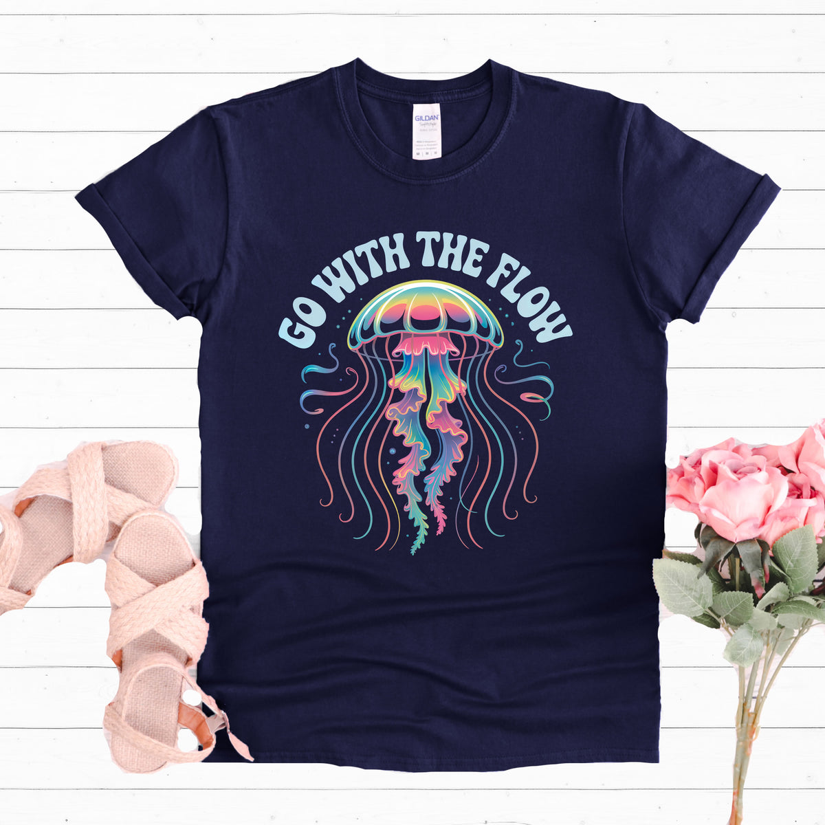 Go With The Flow Cute Jellyfish Shirt | Navy Blue Jersey T-shirt